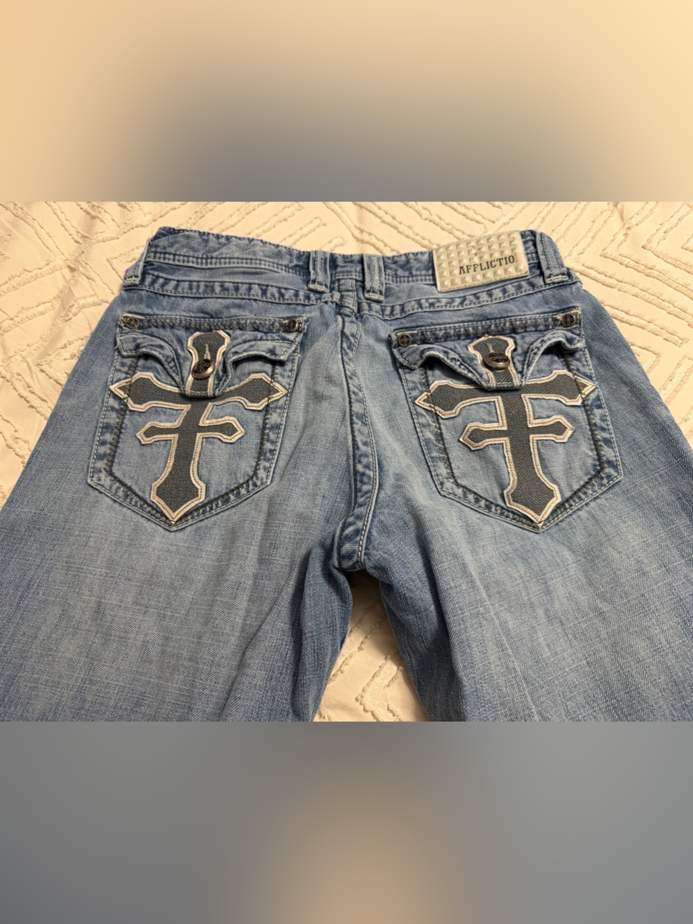 Affliction Light Blue Denim Jeans with Embroidered Cross Pockets